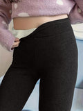 Plus Size Casual Leggings, Women's Plus Solid Liner Fleece Elastic High Rise Medium Stretch Leggings