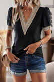 V Neck Patchwork Short Sleeve Casual Tops