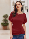 Chic Dolman Fit Short Sleeve T-Shirts for Women - Ruched, Boat Neck, Lightweight, Breathable, Summer Essentials - Casual, Comfortable, Versatile Tops for Everyday Wear