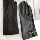 Monochrome PU Leather Gloves Stylish Bow Decor Touchscreen Gloves Autumn Winter Thick Soft Warm Waterproof Driving Gloves