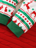 Christmas Baby Boy Romper Set Green Cute Round Neck Santa Claus Print Romper Long Sleeve Knitted Top + Elk Print Trousers Set, For Outdoor