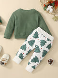 2pcs Christmas Waffle Baby's Round Neck Long Sleeve Pullover & Cute Cartoon Print Trousers Set, Outdoor Cloth