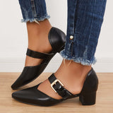 lovevvr - Block Low Heel Mary Jane Pumps Pointed Toe Buckle Dress Shoes