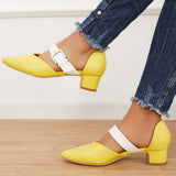 lovevvr - Block Low Heel Mary Jane Pumps Pointed Toe Buckle Dress Shoes