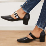 lovevvr - Block Low Heel Mary Jane Pumps Pointed Toe Buckle Dress Shoes