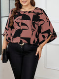 Plus Size Elegant Geometric Print Shirting Blouse - Crew Neck, Asymmetrical, Non-Stretch Polyester Fabric, Random Printing, Machine Washable - Perfect for Summer and All Seasons