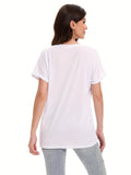 Loose Fit V-neck T-shirts For Women With Rolled Sleeves, Short Sleeves, And Split Summer Tops