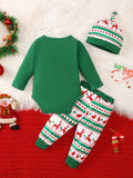 Christmas Baby Boy Romper Set Green Cute Round Neck Santa Claus Print Romper Long Sleeve Knitted Top + Elk Print Trousers Set, For Outdoor