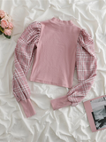 lovefery Retro Pink Plald Patchwork Shirts Women Tops Fall Korean Style Casual Loose Ruffled Long Sleeve Femme Shirts Fasion Design Shirt