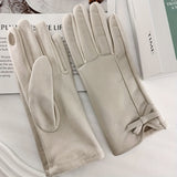 Monochrome PU Leather Gloves Stylish Bow Decor Touchscreen Gloves Autumn Winter Thick Soft Warm Waterproof Driving Gloves