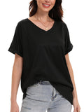 Loose Fit V-neck T-shirts For Women With Rolled Sleeves, Short Sleeves, And Split Summer Tops