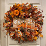 Charming Fall Welcome Wreath - 16" Pumpkin & Autumn Leaves Design, Perfect for Thanksgiving & Halloween Decor, Easy-to-Hang Fabric Door Accent