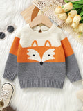 Cute Cartoon Fox Long Sleeve Baby Sweater - Soft Medium Stretch Acrylic Knit Fabric, Rib-Knit Crew Neck, Pullovers, Raglan Sleeve - Hand Washable, Perfect for Fall/Winter Season