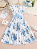 Chic Summer Floral Fit & Flare Girls' Dress with Belt – Easy-Care Polyester, Perfect for Playdates & Outings