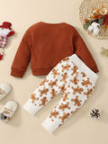 2pcs Christmas Waffle Baby's Round Neck Long Sleeve Pullover & Cute Cartoon Print Trousers Set, Outdoor Cloth