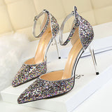 LoveFery Women's Stiletto Low-cut Pointed-toe Hollowed Sequined Sexy Heels