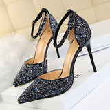 LoveFery Women's Stiletto Low-cut Pointed-toe Hollowed Sequined Sexy Heels