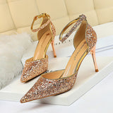 LoveFery Women's Stiletto Low-cut Pointed-toe Hollowed Sequined Sexy Heels