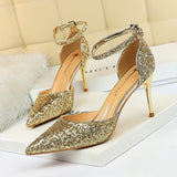 LoveFery Women's Stiletto Low-cut Pointed-toe Hollowed Sequined Sexy Heels