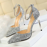 LoveFery Women's Stiletto Low-cut Pointed-toe Hollowed Sequined Sexy Heels