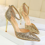 LoveFery Women's Stiletto Low-cut Pointed-toe Hollowed Sequined Sexy Heels