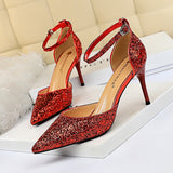 LoveFery Women's Stiletto Low-cut Pointed-toe Hollowed Sequined Sexy Heels