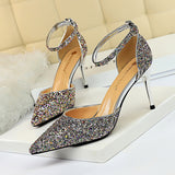 LoveFery Women's Stiletto Low-cut Pointed-toe Hollowed Sequined Sexy Heels