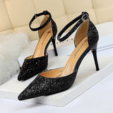 LoveFery Women's Stiletto Low-cut Pointed-toe Hollowed Sequined Sexy Heels