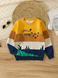 Boys' Vibrant Color Block Cartoon Tiger and Crocodile Knit Sweater - Soft Medium Stretch Cotton Blend Crew Neck Long Sleeve Pullover Top for Outdoor Play - Hand Wash Only, Fall/Winter Season, Regular Fit