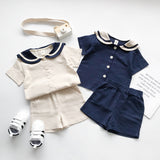 LOVEFERY Children's Suit  Summer New Kindergarten Navy Style Short-Sleeved Shorts Boys and Girls Foreign Trade Cotton and Linen Two-Piece Suit