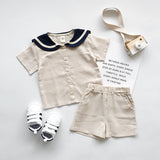 LOVEFERY Children's Suit  Summer New Kindergarten Navy Style Short-Sleeved Shorts Boys and Girls Foreign Trade Cotton and Linen Two-Piece Suit