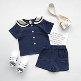 LOVEFERY Children's Suit  Summer New Kindergarten Navy Style Short-Sleeved Shorts Boys and Girls Foreign Trade Cotton and Linen Two-Piece Suit