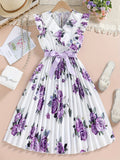 Chic Summer Floral Fit & Flare Girls' Dress with Belt – Easy-Care Polyester, Perfect for Playdates & Outings