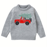 6 Months-3 Years Adorable Red Truck Print Knit Pullover Sweater for Toddler Boys - Soft, Long Sleeve, Round Neck, Christmas Themed, Cozy Winter Toddler Sweatshirts for Boys - Perfect for Holiday Season