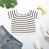 LOVEFERY New Popular trade summer new 2025 one-word shoulder striped navel top short-sleeved fungus edge short t-shirt