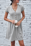 Solid Buckle V Neck A Line Dresses