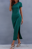 Solid Frenulum Slit O Neck Dresses