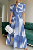 Striped Solid Buckle With Belt Shirt Collar A Line Dresses