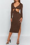 Solid Hollowed Out Backless Slit V Neck Pencil Skirt Dresses