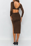 Solid Hollowed Out Backless Slit V Neck Pencil Skirt Dresses