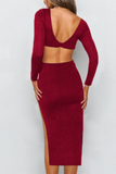 Solid Hollowed Out Backless Slit V Neck Pencil Skirt Dresses