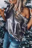 Solid Sequins One Shoulder T-Shirts