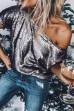 Solid Sequins One Shoulder T-Shirts