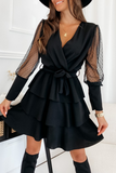 Solid Mesh V Neck Cake Skirt Dresses