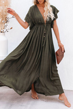 Solid Split Joint V Neck Cake Skirt Dresses