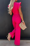 Solid Flounce O Neck Straight Jumpsuits