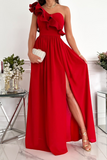 Solid Flounce One Shoulder Cake Skirt Dresses