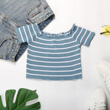 LOVEFERY New Popular trade summer new 2025 one-word shoulder striped navel top short-sleeved fungus edge short t-shirt