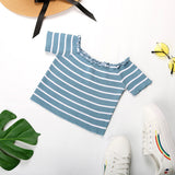 LOVEFERY New Popular trade summer new 2025 one-word shoulder striped navel top short-sleeved fungus edge short t-shirt