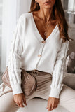 White Button Down V-Neck Cardigan with Cable Knit Sleeves